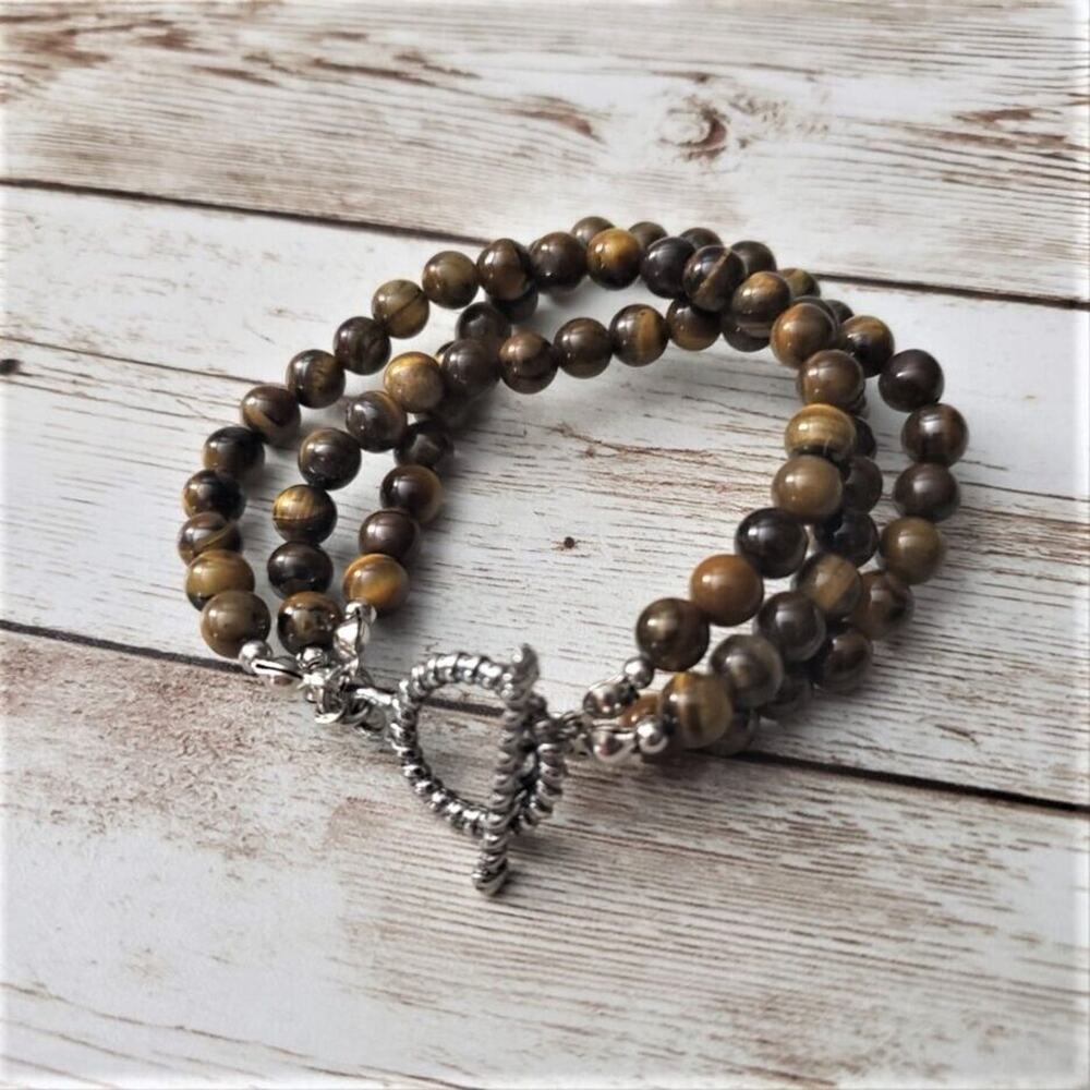 Vintage Bracelet Tigers Eye Beads & Silver Tone